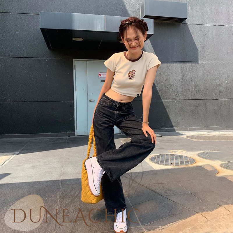 DUNEA Áo thun lửng tay ngắn cổ tròn in chữ quyến rũ hợp thời trang dành cho nữ