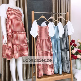 Váy bầu kẻ caro pha tay trắng