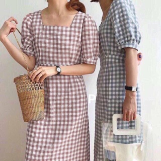 Đầm caro cổ vuông ( hình thật sp shop chụp )