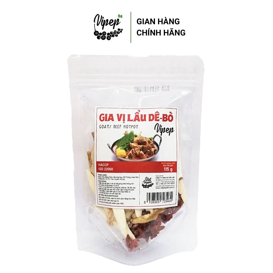 Combo 2 gói gia vị nấu lẩu bò, dê Vipep 115g - gia vị ninh hầm quý hiếm (kỷ tử, đại táo, hạt sen, hoài sơn, đảng sâm..)