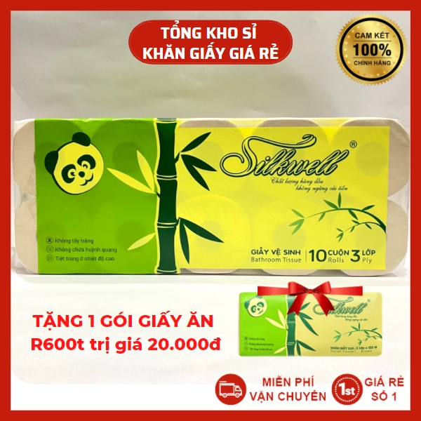 Giấy vệ sinh gấu trúc Silkwell 10 cuộn 3 lớp có lõi, giấy vệ sinh không tẩy trắng, an toàn hàng chính hãng