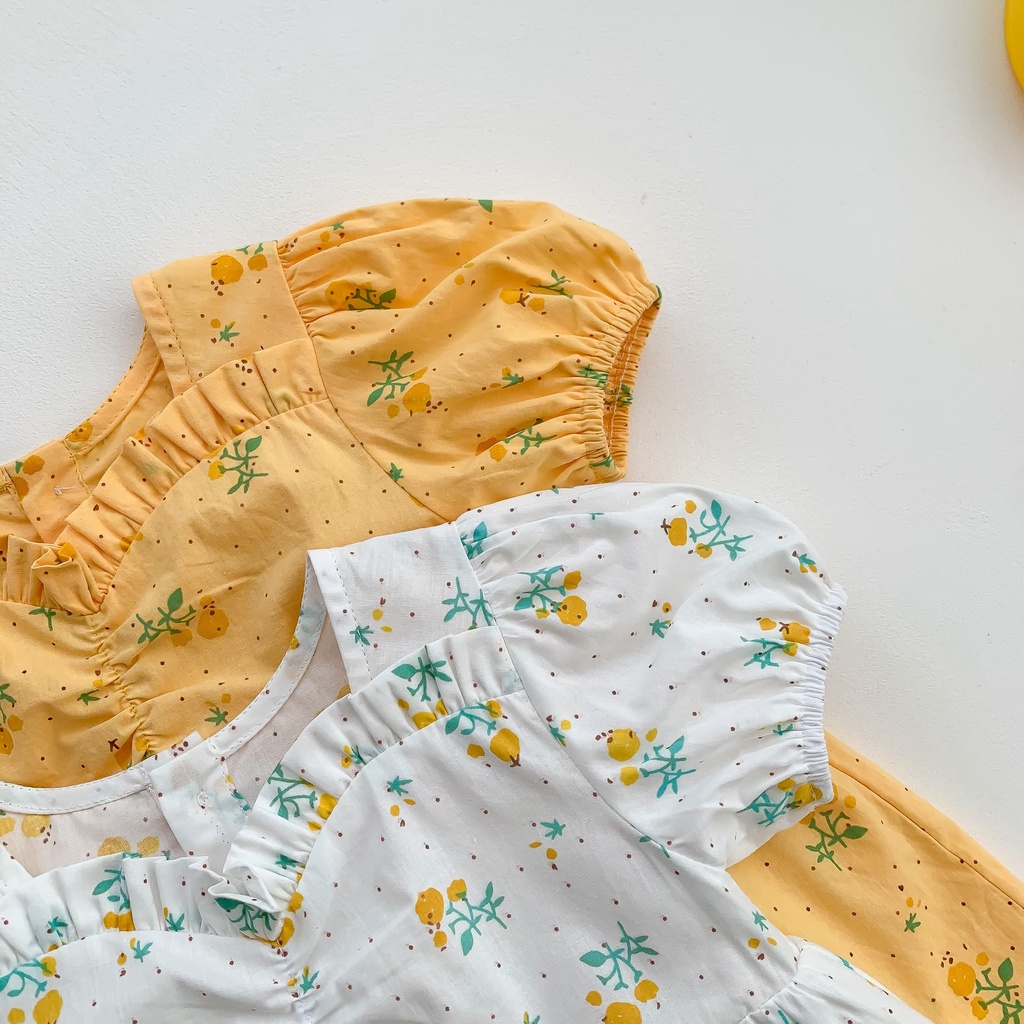 Bộ Áo Liền Quần Tay Phồng Chất Liệu Cotton In Họa Tiết Hoa Xinh Xắn Cho Bé Gái 66-90cm