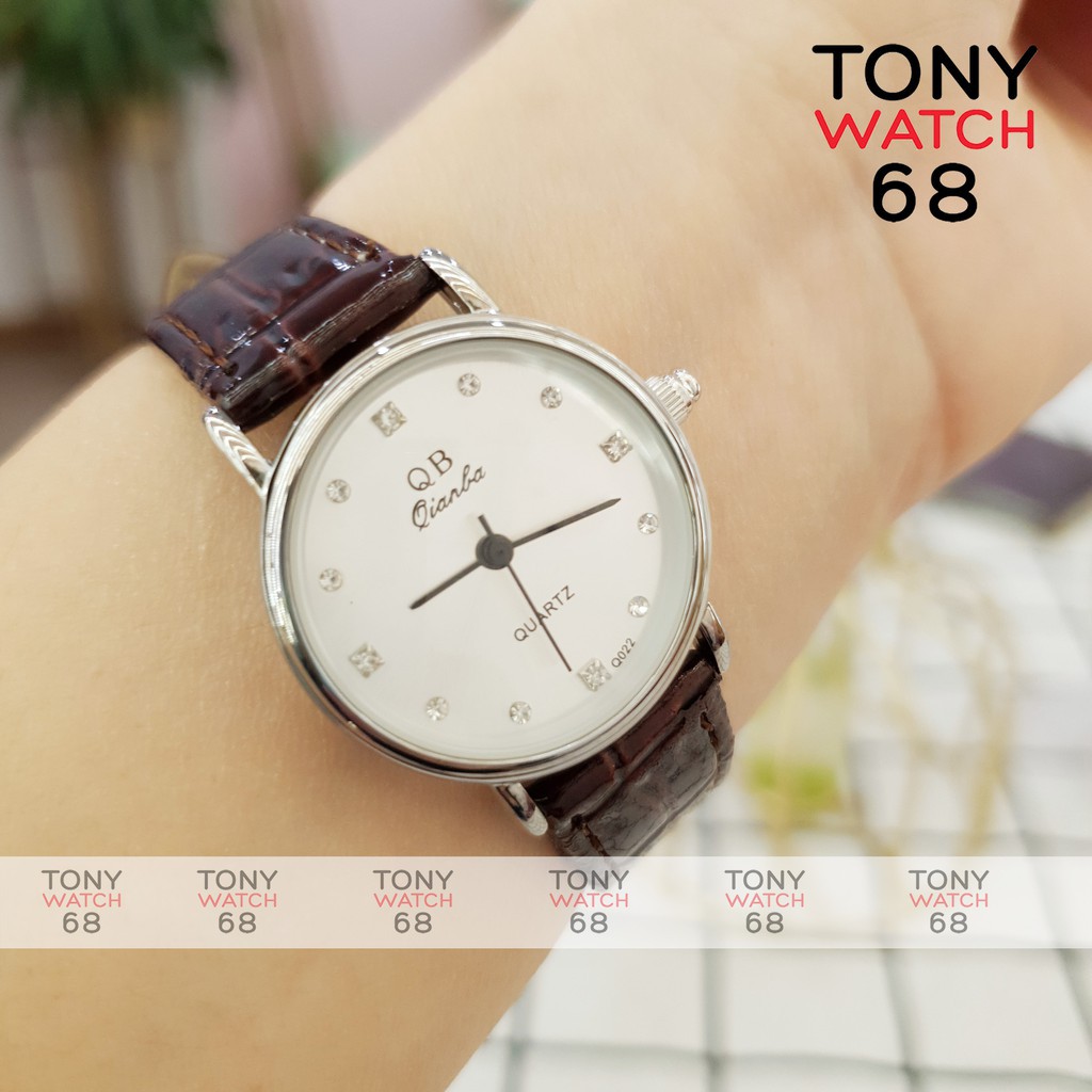 Đồng hồ nữ QB dây da viền bạc số ngọc szie 26mm sang chảnh chính hãng Tony Watch 68