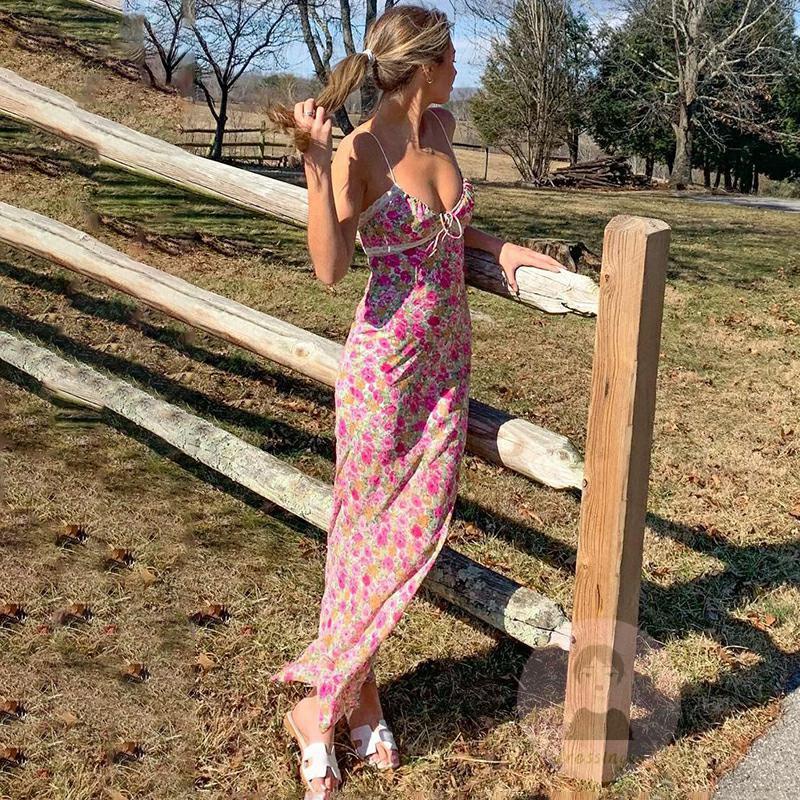 Đầm Dài Không Tay Cổ Chữ V Khoét Sâu In Họa Tiết Hoa Dành Cho Nữ