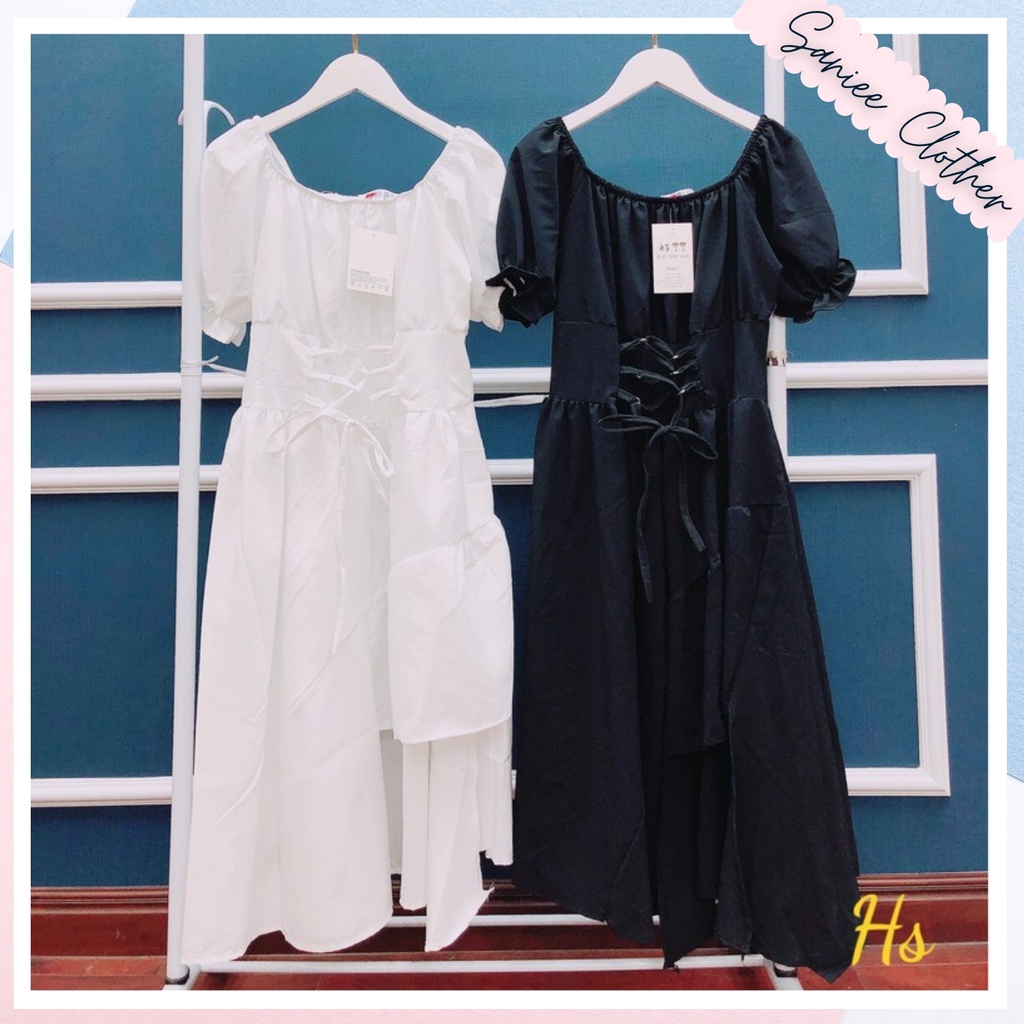 Váy Nữ Dáng Xòe Chữ A Đan Dây Lệch Tầng Xẻ Tà Tay Bồng Chất Thô Saniee Clother | BigBuy360 - bigbuy360.vn