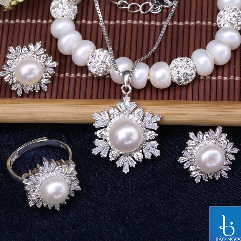 Bộ trang sức nữ ngọc trai thật nuôi nước ngọt bông tuyết đính đá mùa hè bạc 925 BNJ0508 - Bảo ngọc jewelry
