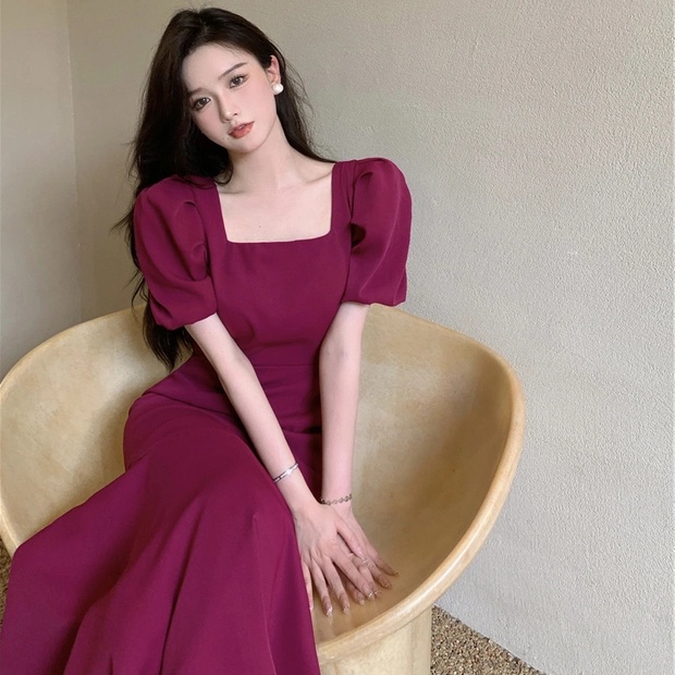 Váy nữ Vic's cổ vuông đuôi cá thiết kế tay phồng dáng dài, Đầm thời trang công sở cao cấp dự tiệc sang trọng V105