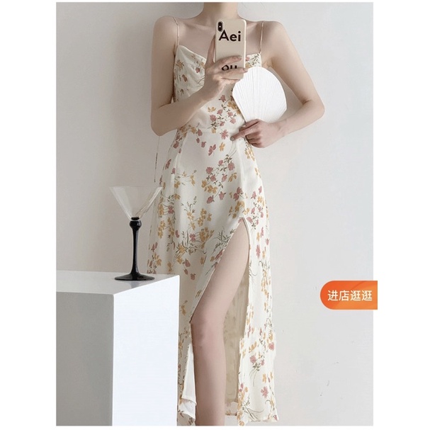 Váy hoa Rose hai dây dáng dài xẻ tà đến đùi xinh xắn
