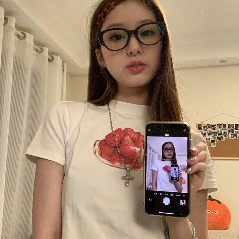 Áo Thun Cotton Ngắn Tay Ôm Dáng Phong Cách Retro Mỹ Cho Nữ