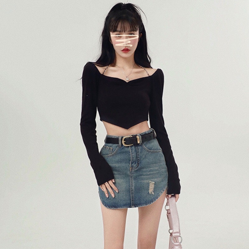 Áo croptop tay dài hở lưng phối xích ôm body sexy, áo vạt chéo ôm body A282