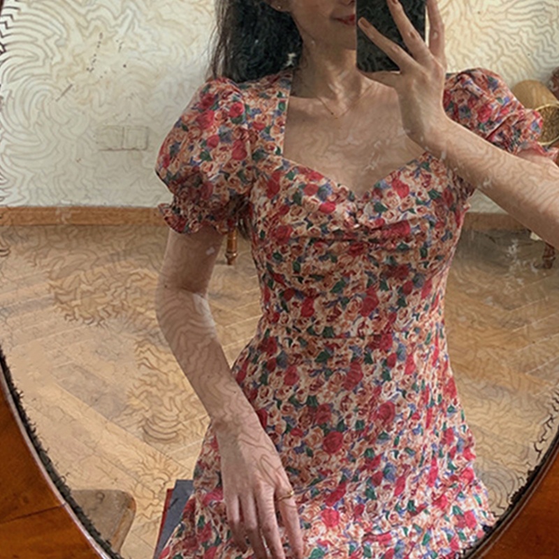 Brroa Đầm Xòe Mini Cổ Vuông Tay Ngắn Phồng In Hoa Kiểu Vintage Pháp Thời Trang Mùa Hè Cho Nữ