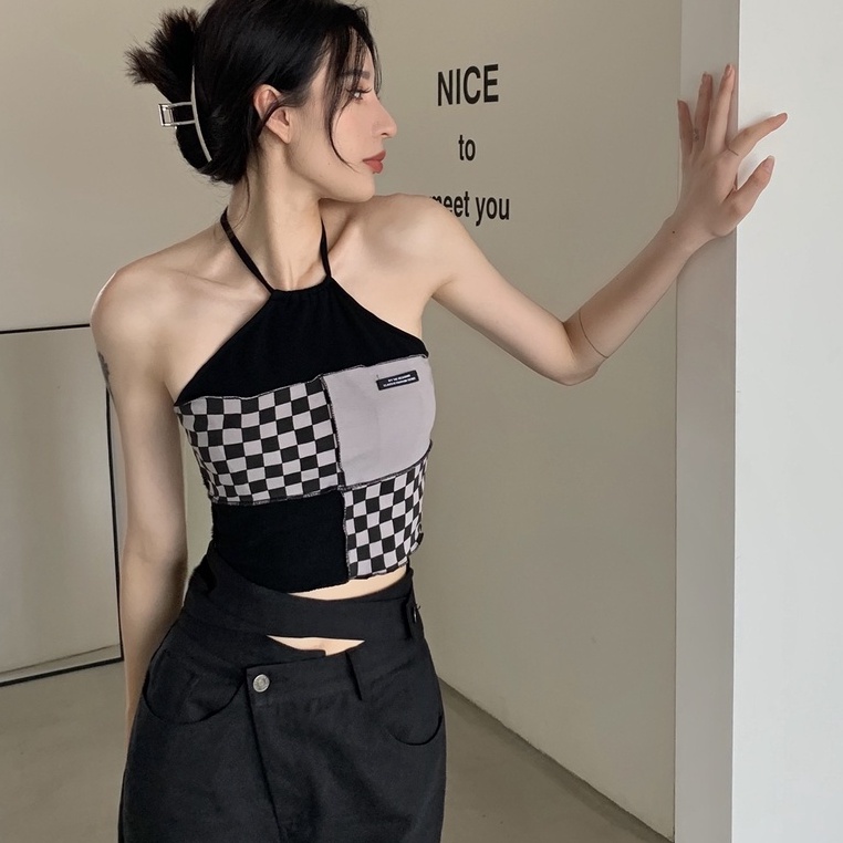 【ZHELIHANGFEI】 / Áo Dệt Kim Hai Dây Ngắn Hở Rốn Phong Cách Quyến Rũ Cho Nữ