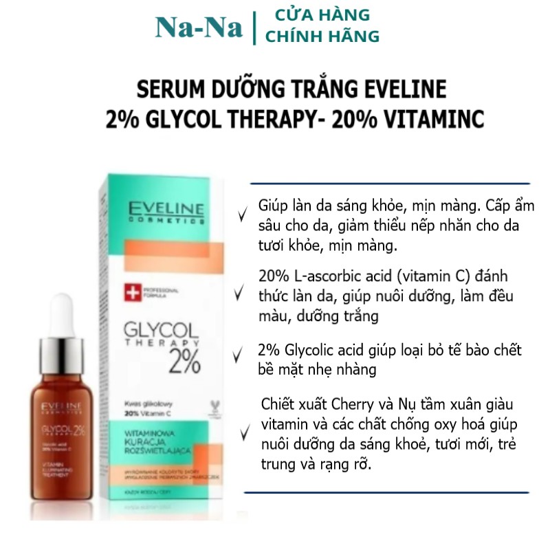 Serum Eveline 2%Glycol Therapy, 20% L-ascorbic acid (vitamin C), giúp làm sáng, đều màu dưỡng da mềm mại, căng