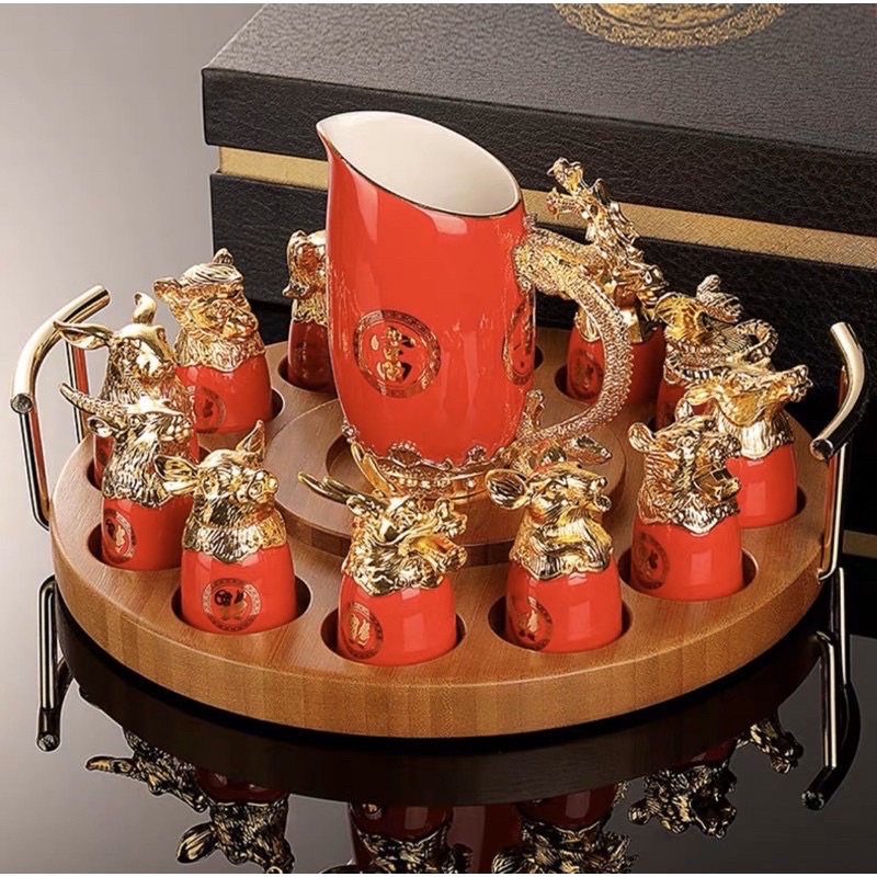 Khay gỗ bộ ly sứ 12 con giáp