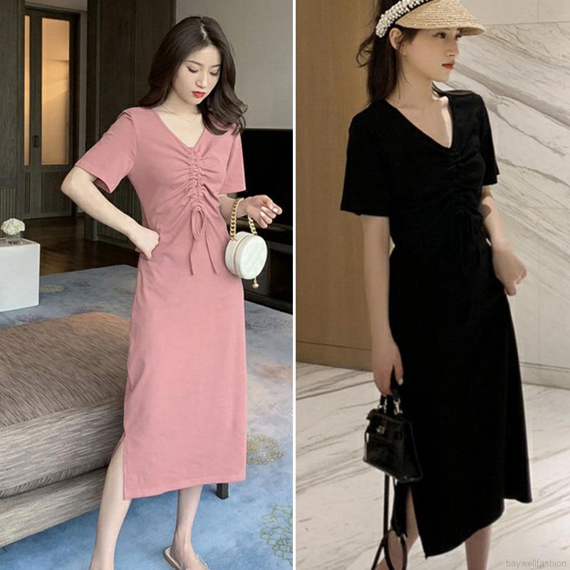 [Baywellfashion]Đầm Tay Ngắn Cổ Chữ V Thiết Kế Màu Trơn Thanh Lịch