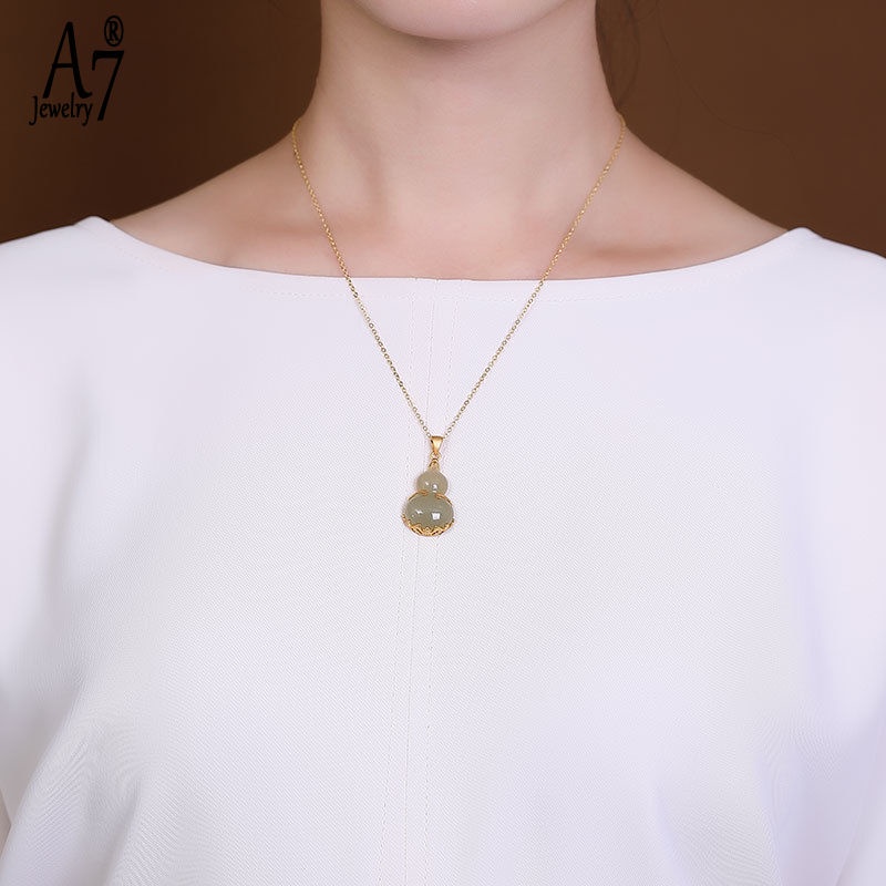 Vòng cổ Bạc S925 Mặt Ngọc Bích Xanh Lá Phong Cách Fu Lu Shou Khí Chất Cho Nữ