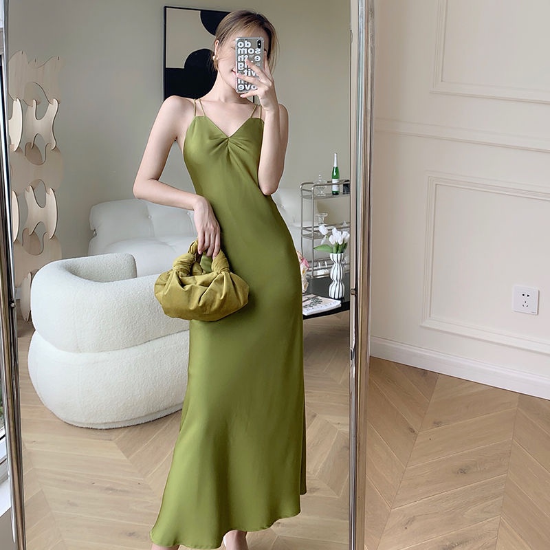 Đầm hai dây hở lưng dáng ôm màu xanh lục thời trang quyến rũ dành cho nữ