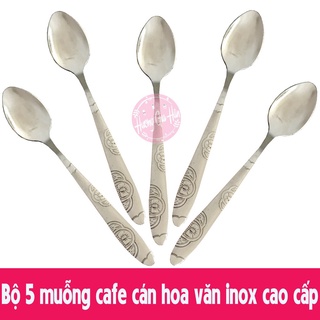 Bộ 5 muỗng cafe nhỏ cán khắc hoa văn chìm inox cao cấp [Thanh Mai Shop]