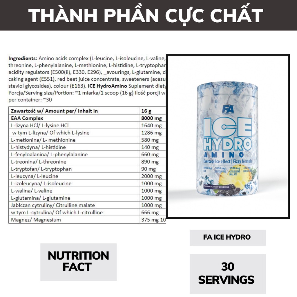 FA ICE HYDRO AMINO - EAA HỖ TRỢ PHỤC HỒI PHÁT TRIỂN CƠ BẮP MÙI VỊ THE MÁT SIÊU NGON - HỦ 480G