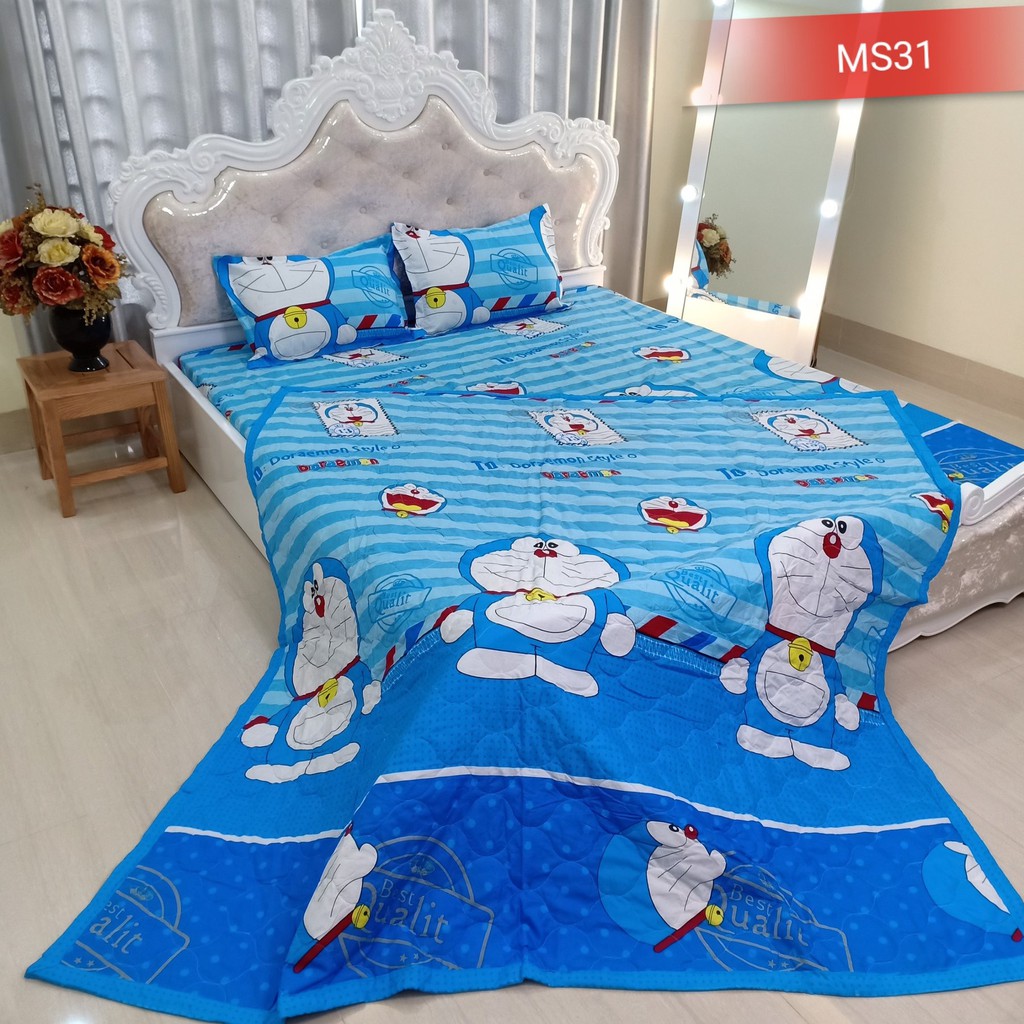 Bộ Ga Gối Poly Cotton Doreamon loại đẹp bo chun đủ kích thước + vỏ gối ôm, chất mềm, không phai, không xù lông.