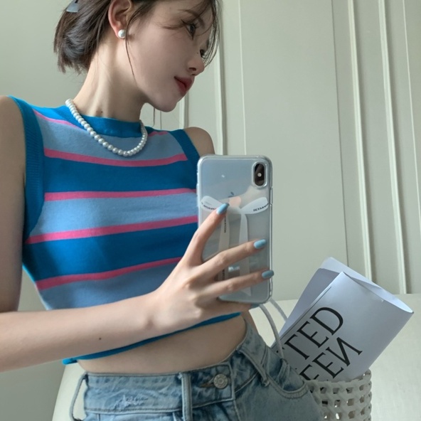 Áo dệt kim ZHELIHANGFEI không tay kẻ sọc gợi cảm thời trang