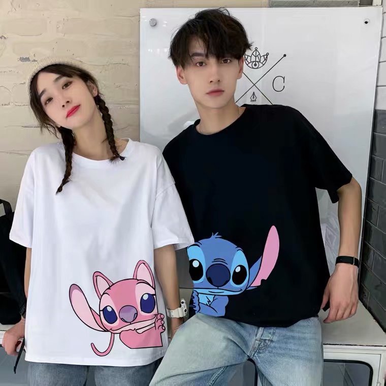 Áo thun tay ngắn dáng rộng in hình nhân vật hoạt hình Stitch thời trang mùa hè dành cho các cặp đôi