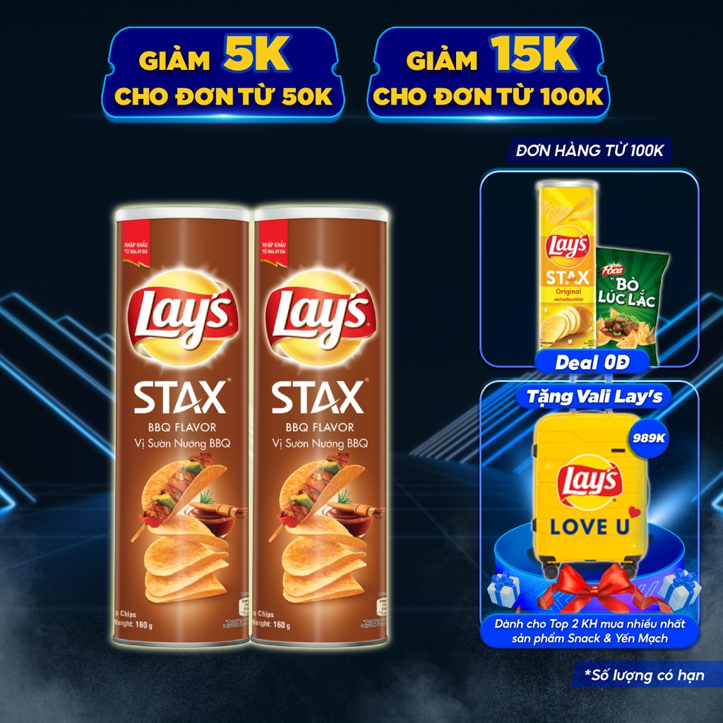 Combo 2 snack Lay's Stax Malaysia khoai tây miếng Vị Sườn Nướng BBQ 160g/hộp