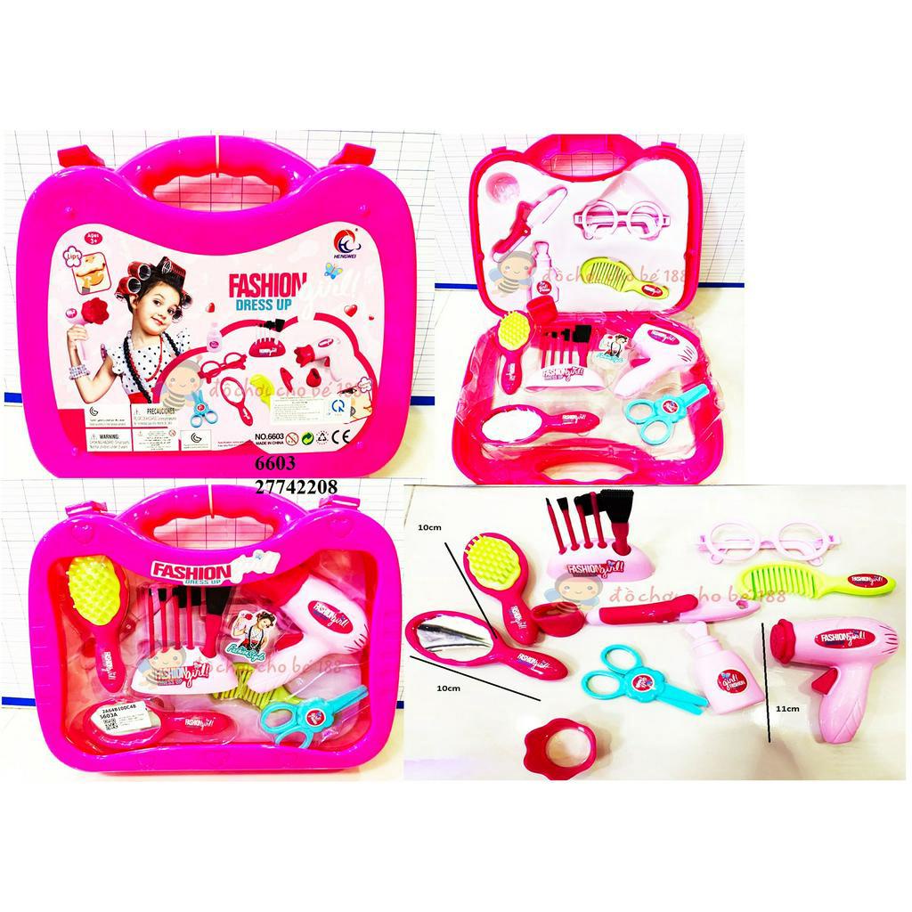Đồ chơi vali trang điểm chuột mickey, valy làm tóc máy sấy tóc dùng pin cho bé