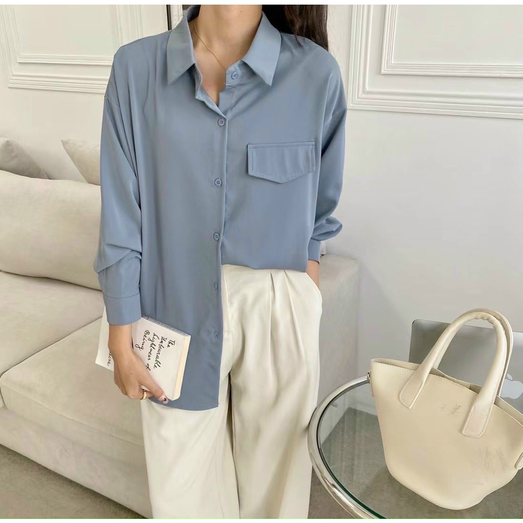 Sơ mi lụa trơn cúc sau - kèm ảnh thật chụp tại shop