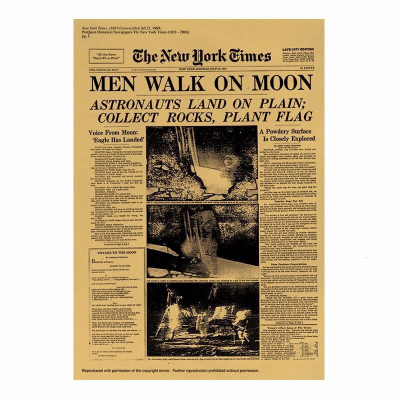 Tấm áp phích giấy kraft dán tường hình tờ báo New York Times chuyến đổ bộ lên mặt trăng Apollo 11 trang trí nhà cửa