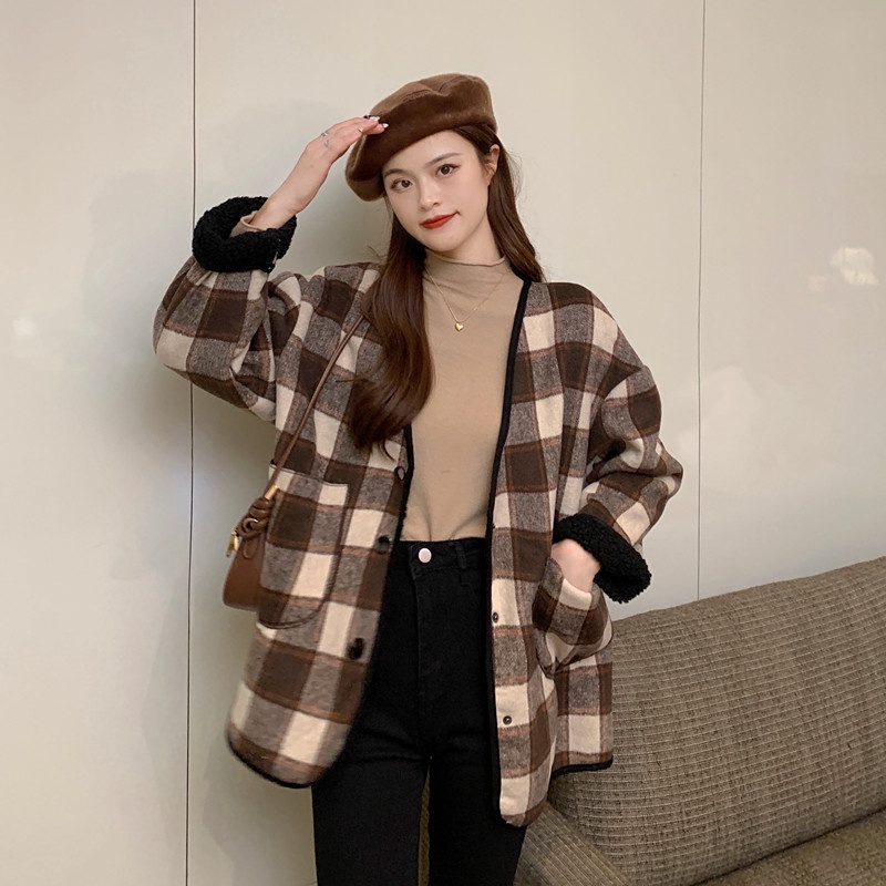 Áo Khoác Len Lông Cừu Tay Dài Dáng Rộng Phong Cách Hàn Quốc Thời Trang Mùa Đông Cho Nữ 2021 | BigBuy360 - bigbuy360.vn