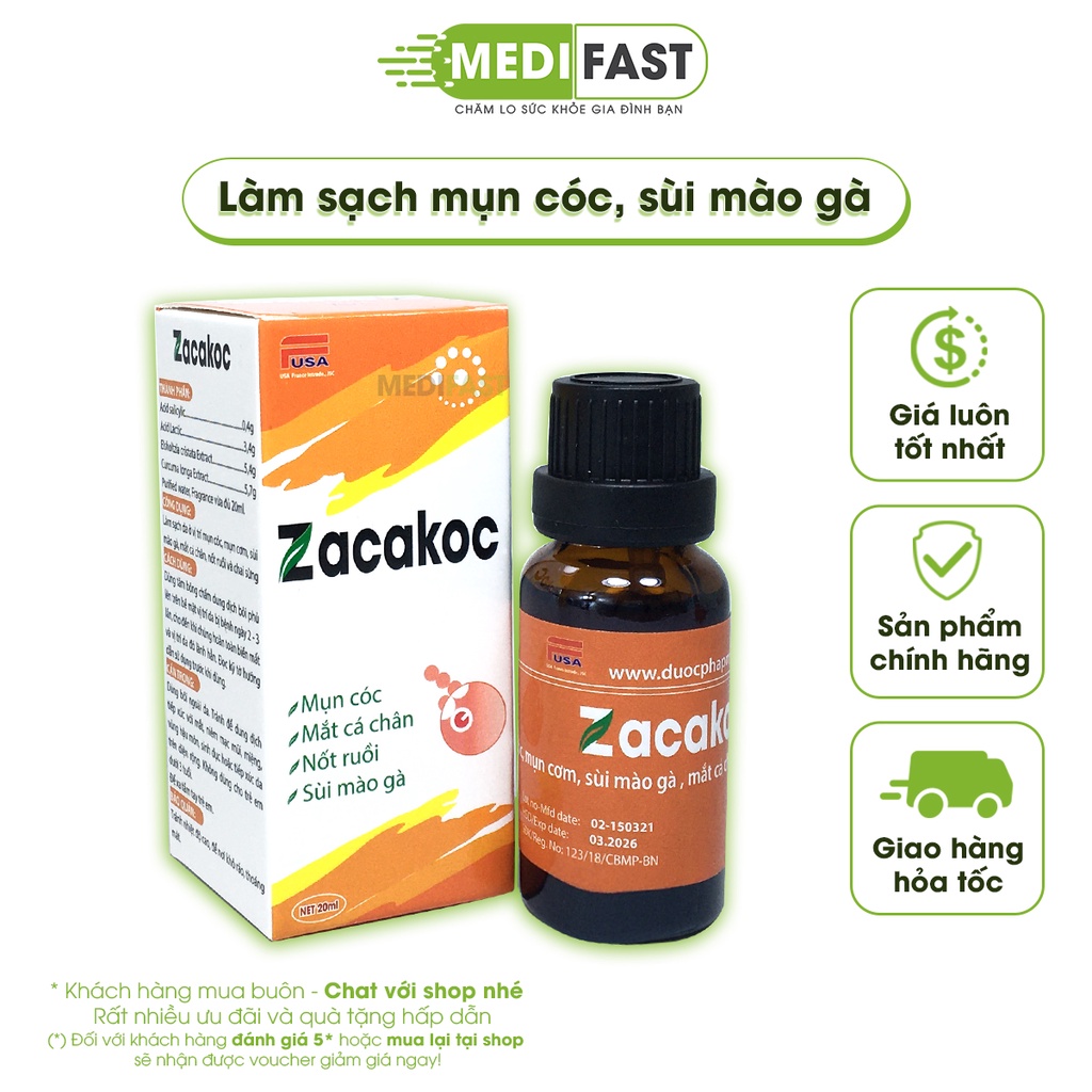 Dung dịch Zacakoc lọ 20ml bôi mụn cóc, sùi mào gà, mụn cơm  các vết chai sừng