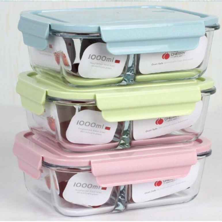 Hộp cơm thủy tinh cao cấp chia ngăn 1000ml (Không chọn màu nắp, kiểu nắp)