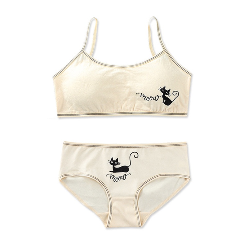 Bộ Đồ Lót 2 Mảnh Áo Ngực Hai Dây In Họa Tiết Mèo Dễ Thương Có Thể Tháo Rời Phong Cách Hipster Thời Trang Cho Tuổi Teen