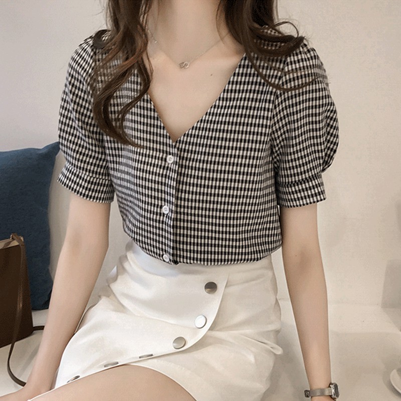 Áo Sơ Mi Ngắn Tay Họa Tiết Ca Rô Thời Trang Xinh Xắn Cho Nữ