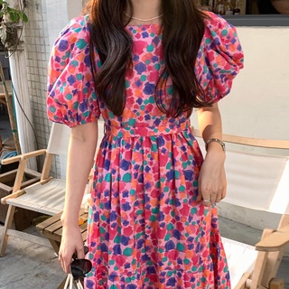 (ORDER) Váy hoa tay phồng thon eo xòe dài điệu đà màu hoa hồng đậm nổi bật style vintage