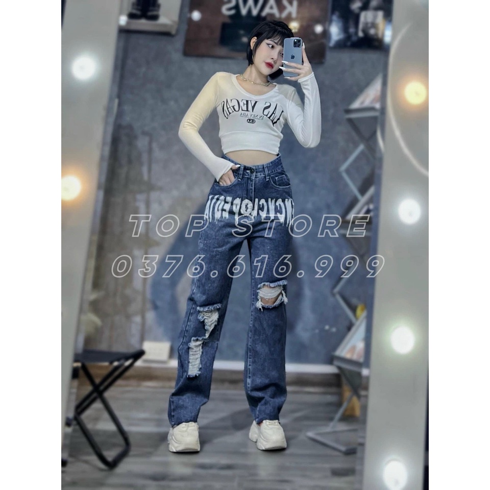 Quần jean nữ ống rộng lưng cao rách in chữ phong cách Ulzzang - Quần jeans baggy ống rộng lưng cao rách suông