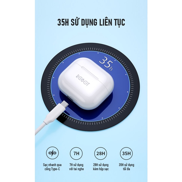Tai Nghe Bluetooth TWS ROBOT T50 In Ear - Chống Nước IPX4, Thời Gian Sử Dụng Lên Đến 35h Chính Hãng