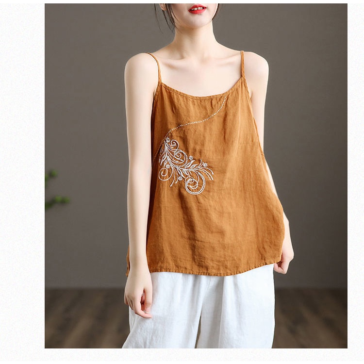 Áo hai dây cotton lanh giả form rộng thêu họa tiết thời trang 2022