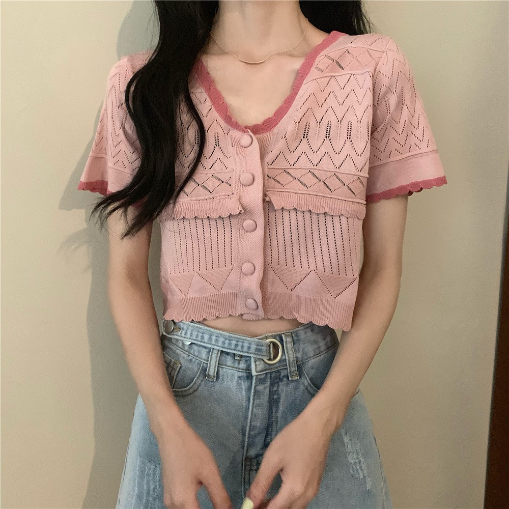 Áo lửng dệt kim ZHELIHANGFEI tay ngắn cổ chữ V thời trang dễ thương dành cho nữ