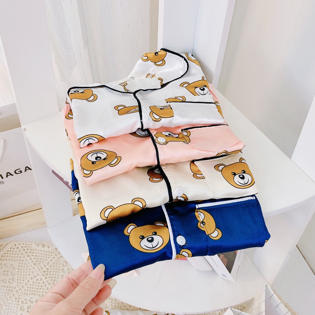 Bộ Pyjama Cộc Tay Họa Tiết Mặt Gấu Cho Bé Chất Vải Lụa Mềm Đồ Ngủ Size Từ 8-18Kg VNXK Nhật-Hàn