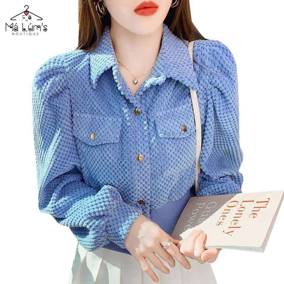 Áo nhung nữ tay bồng có cổ cúc bấm dáng ngắn tiểu thư - Má Lúm's Boutique