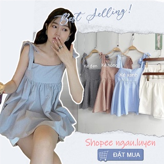 SQ002 Set áo 2 dây bản to buộc nơ caro xanh quần sooc ngắn ống rộng bộ áo hai dây quần short kiểu đi ngủ đi chơi mặc nhà