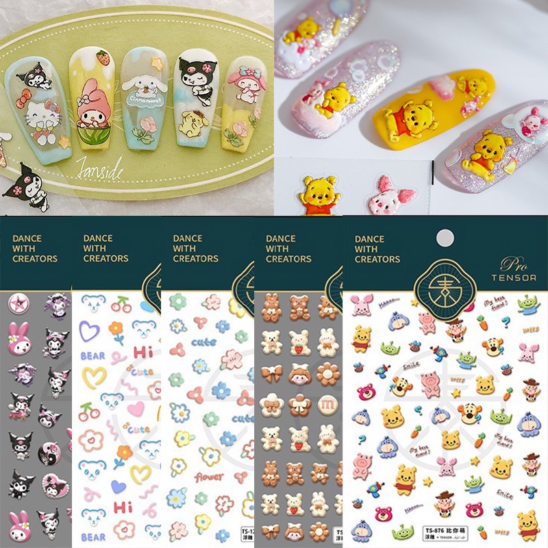 SANRIO Miếng Dán Trang Trí Móng Tay Trong Suốt Họa Tiết Gấu / Thỏ / Trái Cây / Động Vật Dập Nổi 5D Dễ
