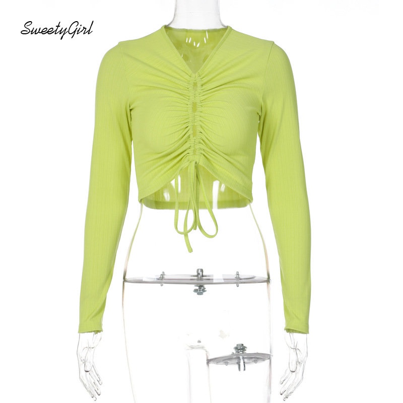 Áo Thun Crop Top Tay Dài Cổ Chữ V Màu Trơn Dáng Ôm Thời Trang 2022 Dành Cho Bạn Nữ