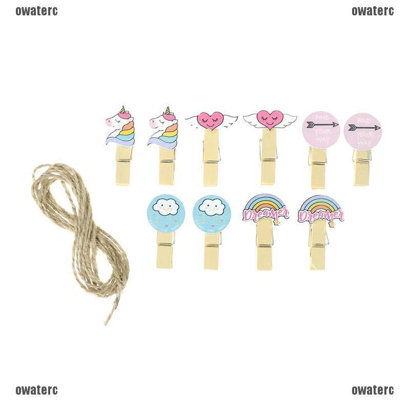 Set 10 Kẹp Gỗ Hình Kỳ Lân Kèm Dây Thừng Treo Ảnh Cho Bé