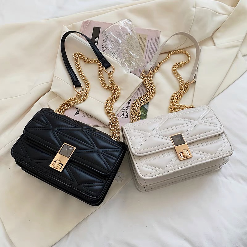 Túi Đeo Vai Màu Trắng Họa Tiết Ca Rô Kim Cương Trắng Cá Tính Cho Nữ