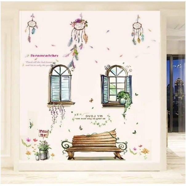 BỘ COMBO DECAL GHÉP ĐÔI TRANG TRÍ - Cửa sổ ghế đá kết hợp Dreamcatcher ( 2 TẤM )