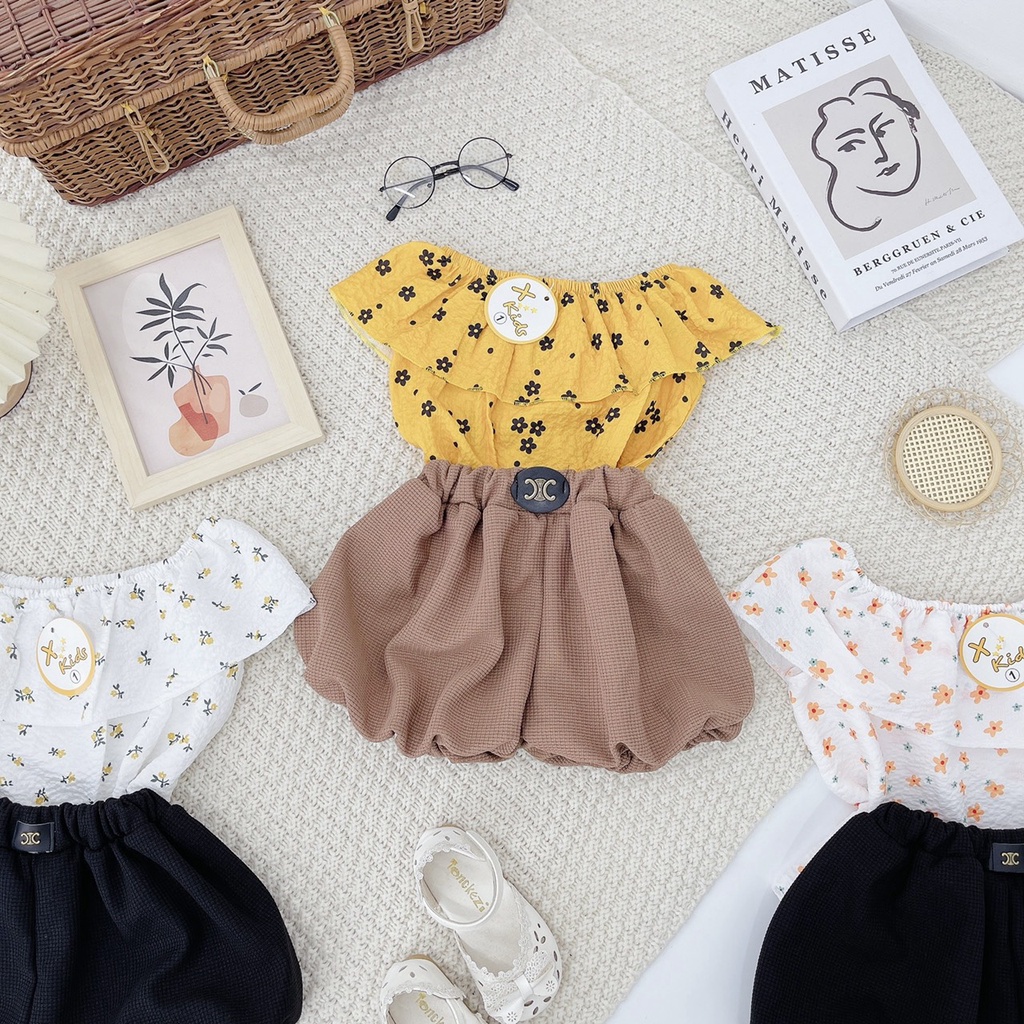 Bộ cộc tay bé gái, bộ áo đũi trễ vai phối quần tổ ong bồng siêu chảnh cho bé