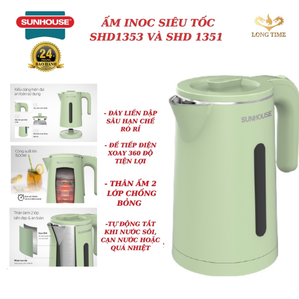 ấm điện sunhouse , bình đun nước siêu tốc , SHD1353 , SHD1351 , innox 2 lớp 1.8L , công suất lớn , Happy Time